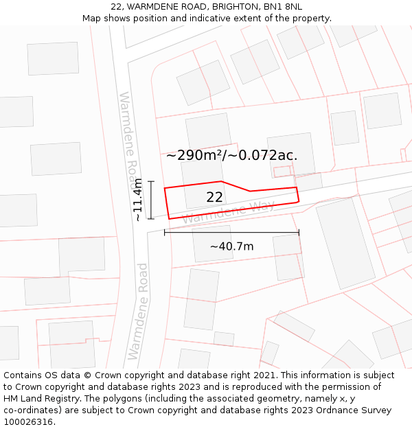 22, WARMDENE ROAD, BRIGHTON, BN1 8NL: Plot and title map