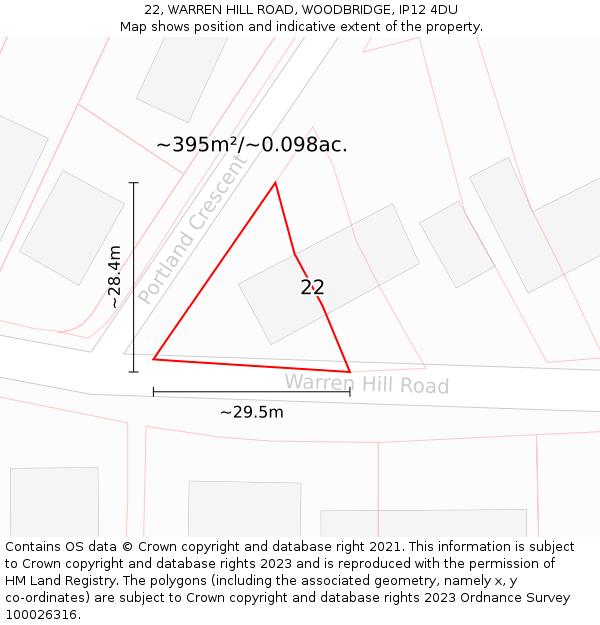 22, WARREN HILL ROAD, WOODBRIDGE, IP12 4DU: Plot and title map