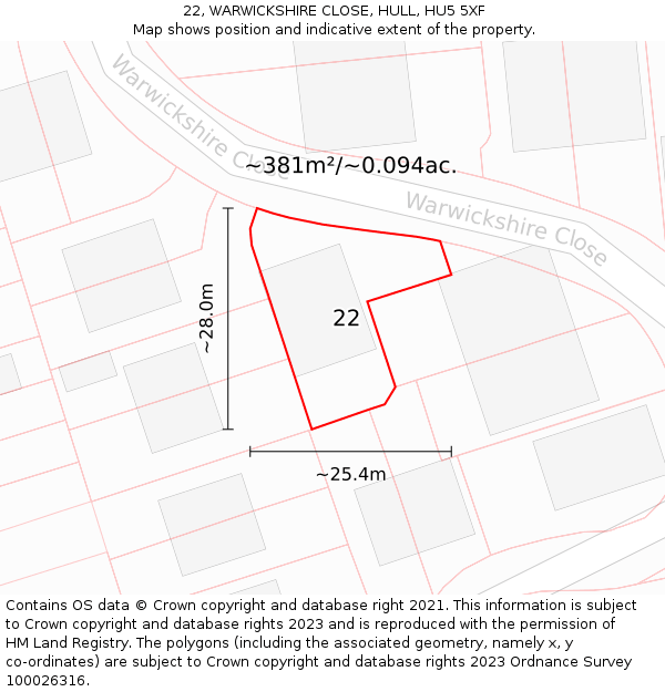 22, WARWICKSHIRE CLOSE, HULL, HU5 5XF: Plot and title map