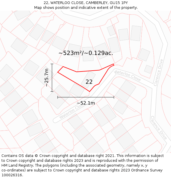 22, WATERLOO CLOSE, CAMBERLEY, GU15 1PY: Plot and title map