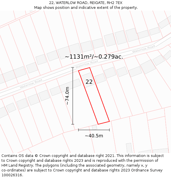 22, WATERLOW ROAD, REIGATE, RH2 7EX: Plot and title map