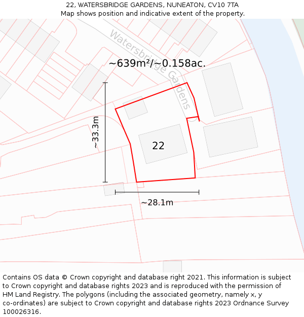 22, WATERSBRIDGE GARDENS, NUNEATON, CV10 7TA: Plot and title map