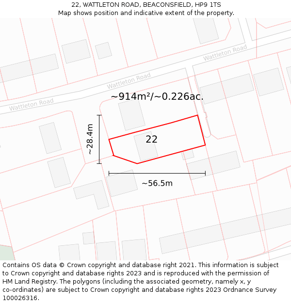 22, WATTLETON ROAD, BEACONSFIELD, HP9 1TS: Plot and title map