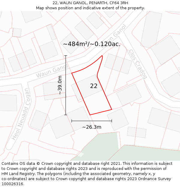 22, WAUN GANOL, PENARTH, CF64 3RH: Plot and title map