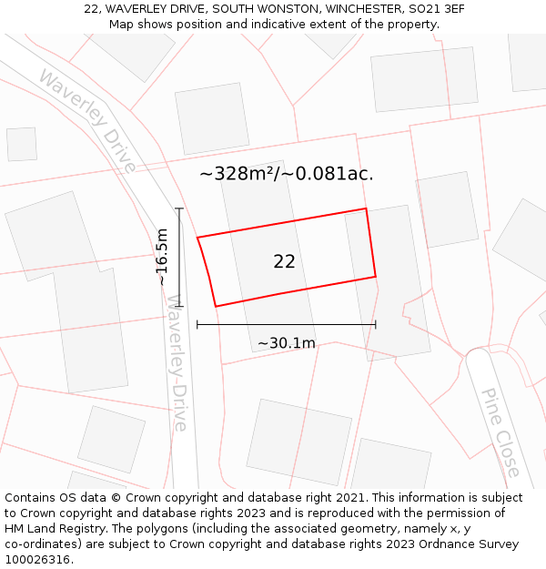 22, WAVERLEY DRIVE, SOUTH WONSTON, WINCHESTER, SO21 3EF: Plot and title map