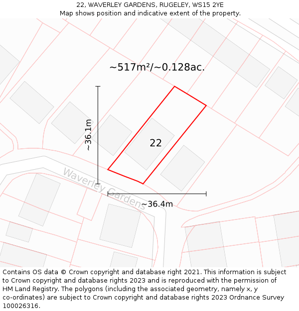 22, WAVERLEY GARDENS, RUGELEY, WS15 2YE: Plot and title map