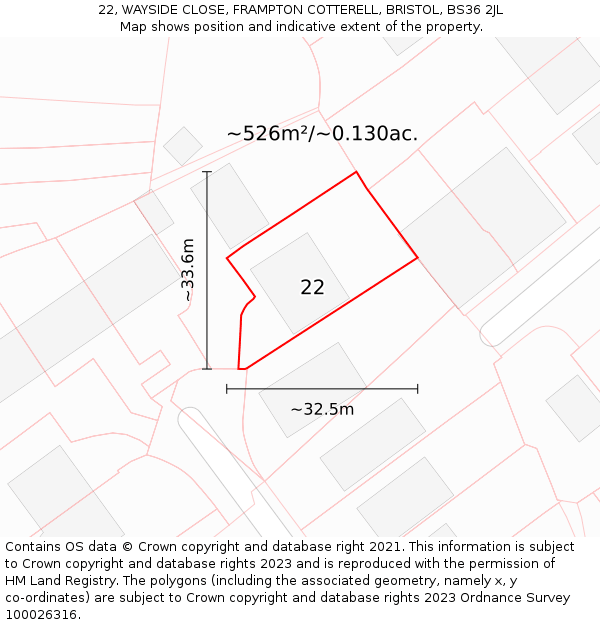 22, WAYSIDE CLOSE, FRAMPTON COTTERELL, BRISTOL, BS36 2JL: Plot and title map