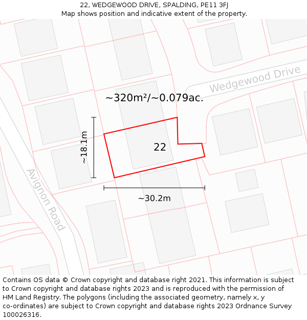 22, WEDGEWOOD DRIVE, SPALDING, PE11 3FJ: Plot and title map