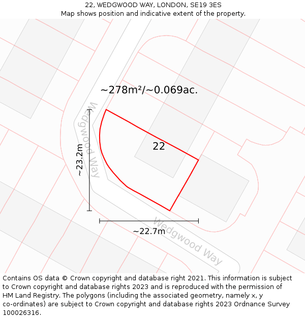 22, WEDGWOOD WAY, LONDON, SE19 3ES: Plot and title map