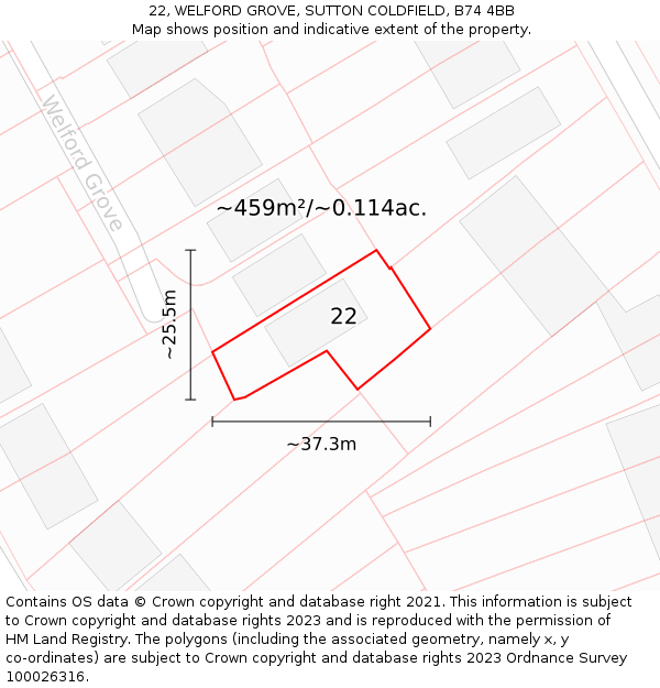 22, WELFORD GROVE, SUTTON COLDFIELD, B74 4BB: Plot and title map