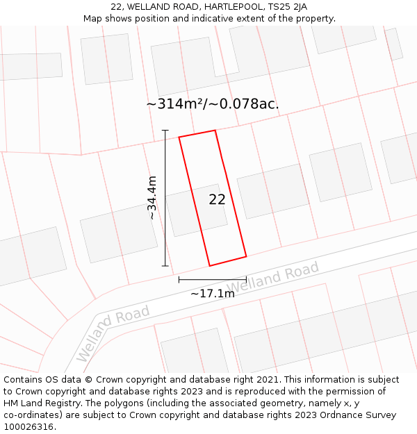 22, WELLAND ROAD, HARTLEPOOL, TS25 2JA: Plot and title map