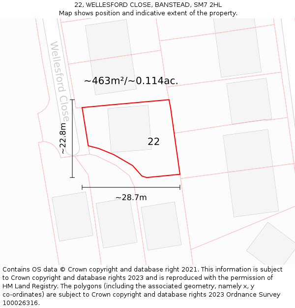 22, WELLESFORD CLOSE, BANSTEAD, SM7 2HL: Plot and title map