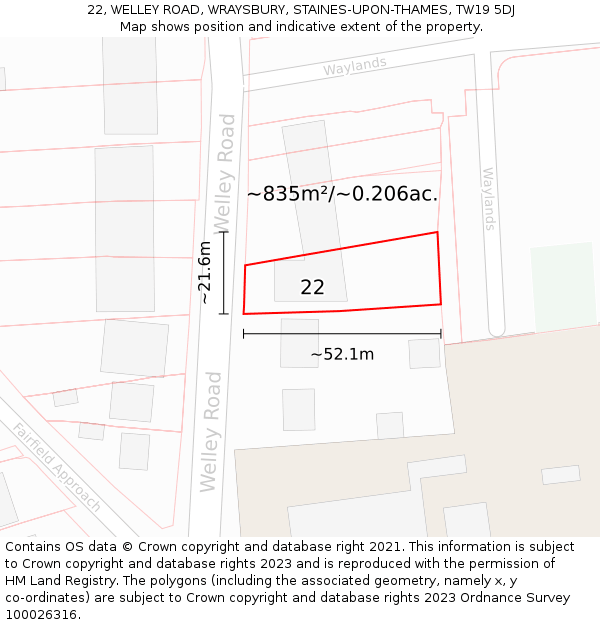 22, WELLEY ROAD, WRAYSBURY, STAINES-UPON-THAMES, TW19 5DJ: Plot and title map