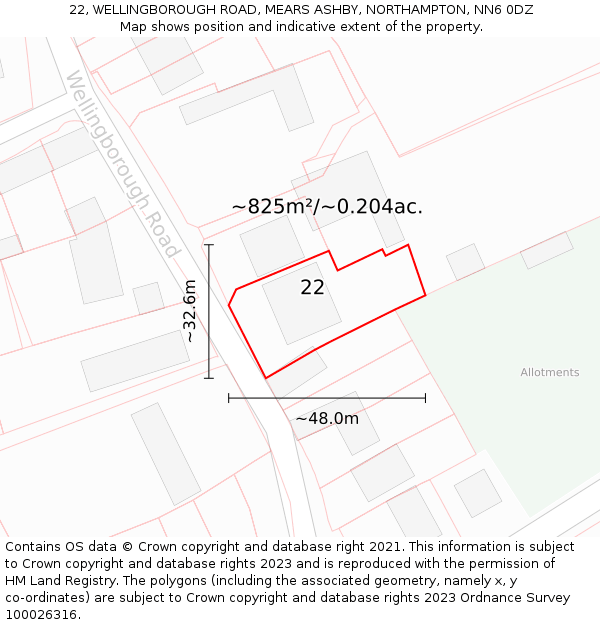 22, WELLINGBOROUGH ROAD, MEARS ASHBY, NORTHAMPTON, NN6 0DZ: Plot and title map