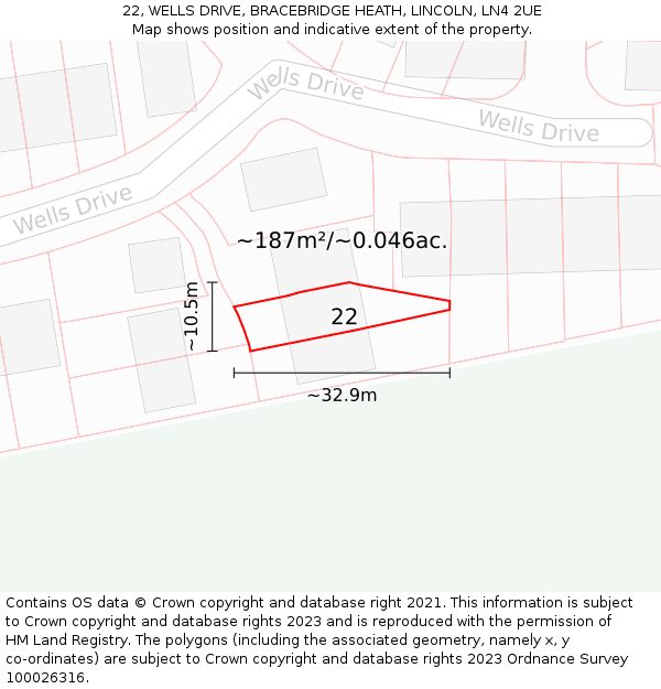 22, WELLS DRIVE, BRACEBRIDGE HEATH, LINCOLN, LN4 2UE: Plot and title map