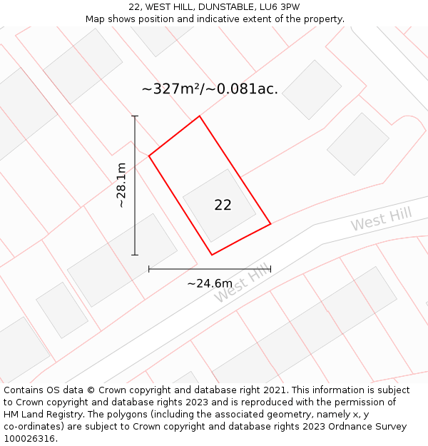 22, WEST HILL, DUNSTABLE, LU6 3PW: Plot and title map