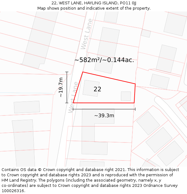 22, WEST LANE, HAYLING ISLAND, PO11 0JJ: Plot and title map