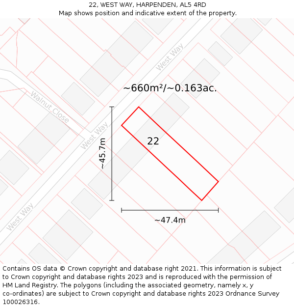 22, WEST WAY, HARPENDEN, AL5 4RD: Plot and title map