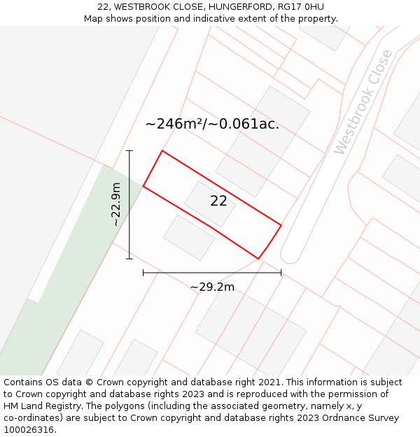 22, WESTBROOK CLOSE, HUNGERFORD, RG17 0HU: Plot and title map