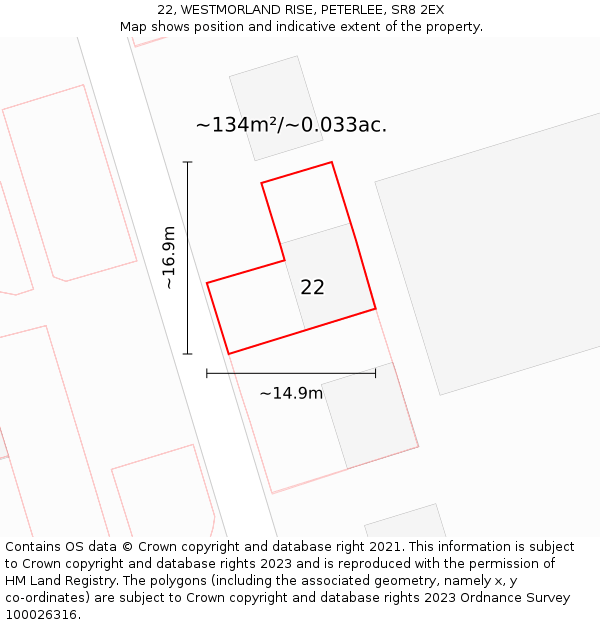 22, WESTMORLAND RISE, PETERLEE, SR8 2EX: Plot and title map