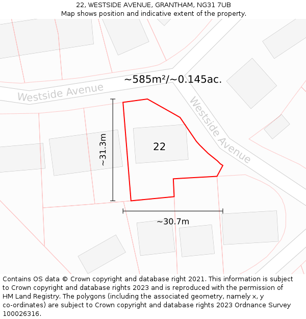 22, WESTSIDE AVENUE, GRANTHAM, NG31 7UB: Plot and title map