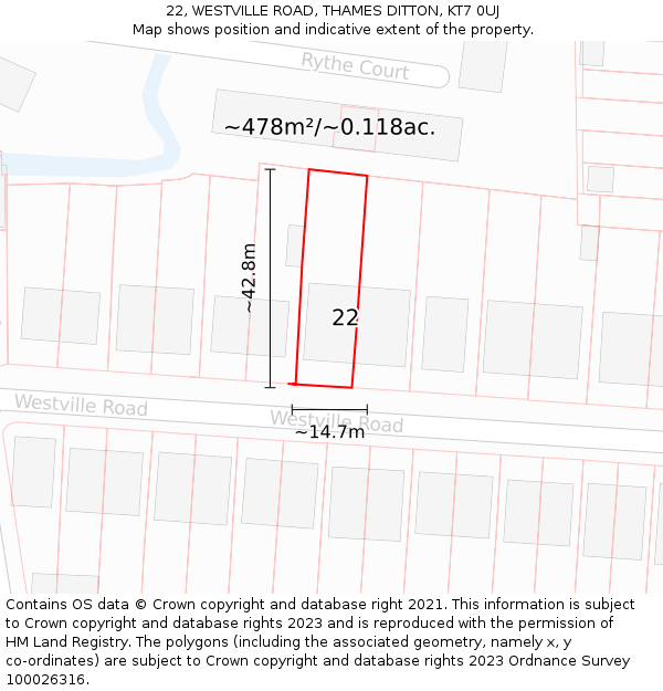 22, WESTVILLE ROAD, THAMES DITTON, KT7 0UJ: Plot and title map