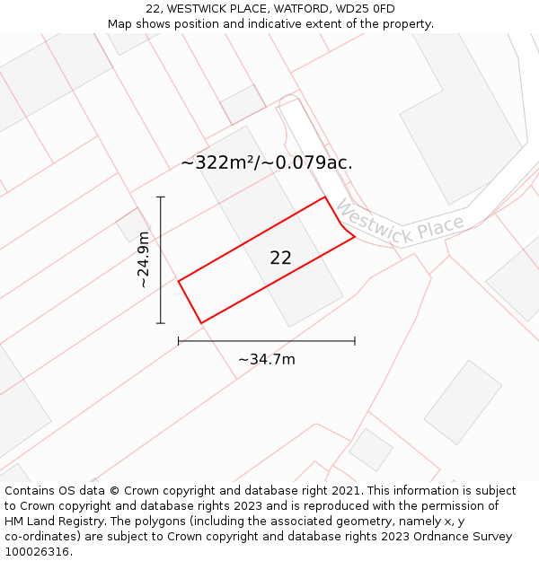 22, WESTWICK PLACE, WATFORD, WD25 0FD: Plot and title map