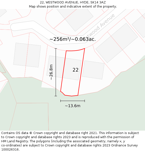 22, WESTWOOD AVENUE, HYDE, SK14 3AZ: Plot and title map