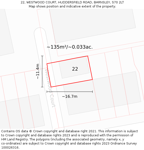 22, WESTWOOD COURT, HUDDERSFIELD ROAD, BARNSLEY, S70 2LT: Plot and title map