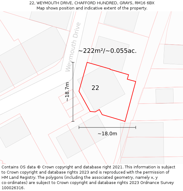 22, WEYMOUTH DRIVE, CHAFFORD HUNDRED, GRAYS, RM16 6BX: Plot and title map