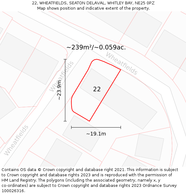 22, WHEATFIELDS, SEATON DELAVAL, WHITLEY BAY, NE25 0PZ: Plot and title map