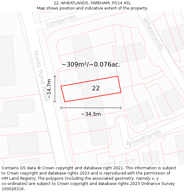 22, WHEATLANDS, FAREHAM, PO14 4SL: Plot and title map