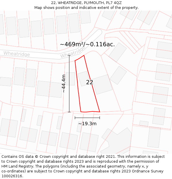 22, WHEATRIDGE, PLYMOUTH, PL7 4QZ: Plot and title map