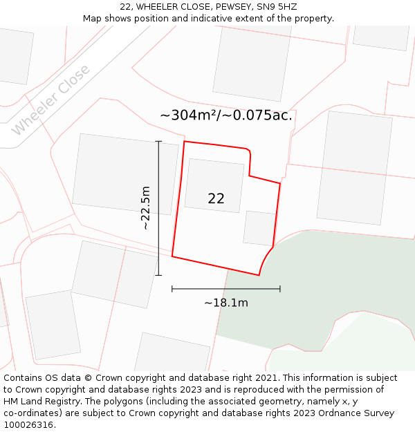 22, WHEELER CLOSE, PEWSEY, SN9 5HZ: Plot and title map