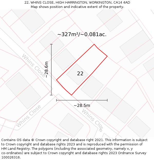 22, WHINS CLOSE, HIGH HARRINGTON, WORKINGTON, CA14 4AD: Plot and title map