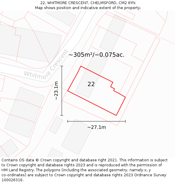 22, WHITMORE CRESCENT, CHELMSFORD, CM2 6YN: Plot and title map