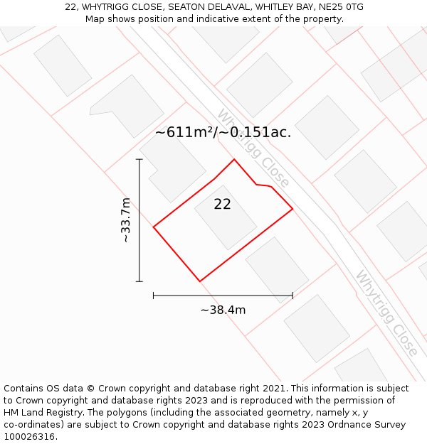 22, WHYTRIGG CLOSE, SEATON DELAVAL, WHITLEY BAY, NE25 0TG: Plot and title map
