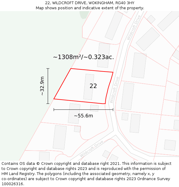 22, WILDCROFT DRIVE, WOKINGHAM, RG40 3HY: Plot and title map