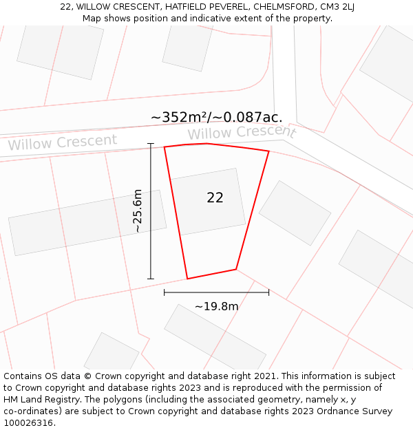 22, WILLOW CRESCENT, HATFIELD PEVEREL, CHELMSFORD, CM3 2LJ: Plot and title map