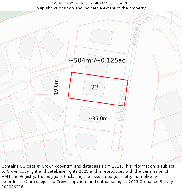 22, WILLOW DRIVE, CAMBORNE, TR14 7HR: Plot and title map