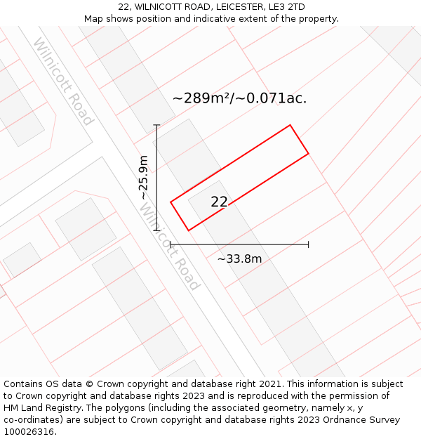 22, WILNICOTT ROAD, LEICESTER, LE3 2TD: Plot and title map