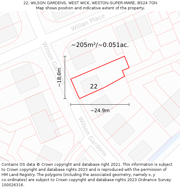 22, WILSON GARDENS, WEST WICK, WESTON-SUPER-MARE, BS24 7GN: Plot and title map