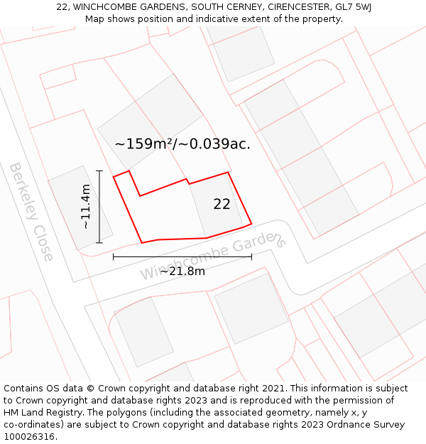 22, WINCHCOMBE GARDENS, SOUTH CERNEY, CIRENCESTER, GL7 5WJ: Plot and title map