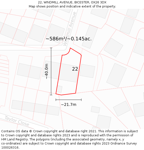 22, WINDMILL AVENUE, BICESTER, OX26 3DX: Plot and title map