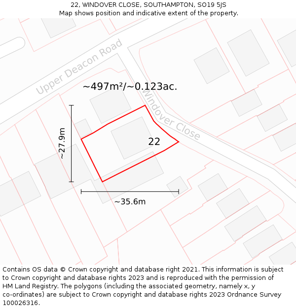 22, WINDOVER CLOSE, SOUTHAMPTON, SO19 5JS: Plot and title map