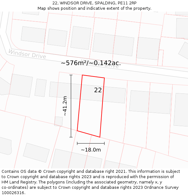 22, WINDSOR DRIVE, SPALDING, PE11 2RP: Plot and title map