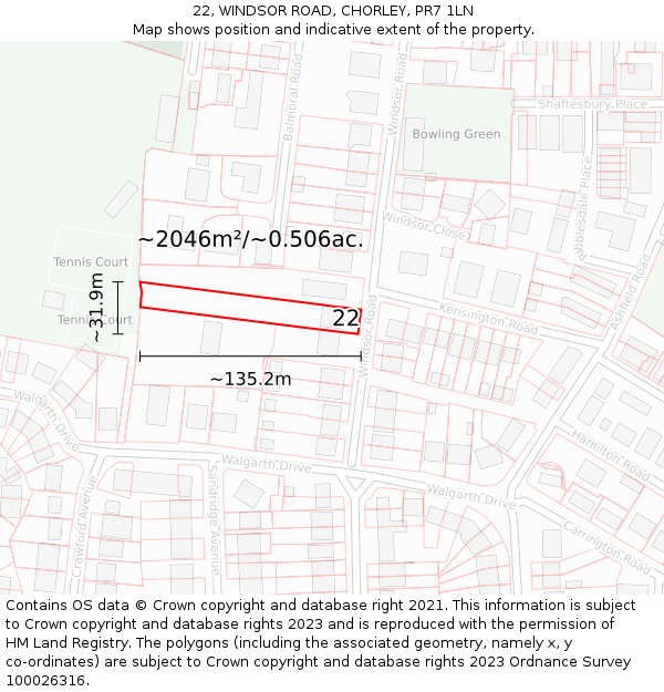 22, WINDSOR ROAD, CHORLEY, PR7 1LN: Plot and title map