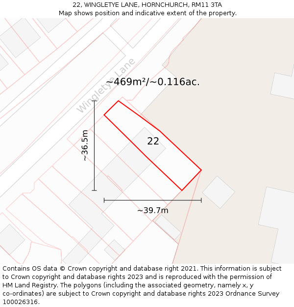 22, WINGLETYE LANE, HORNCHURCH, RM11 3TA: Plot and title map