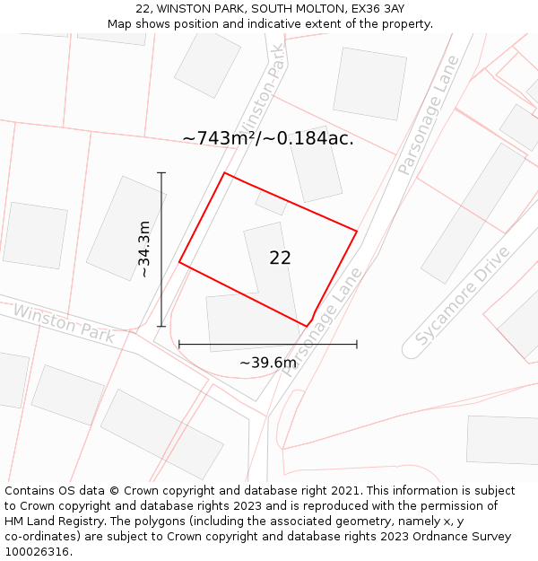 22, WINSTON PARK, SOUTH MOLTON, EX36 3AY: Plot and title map