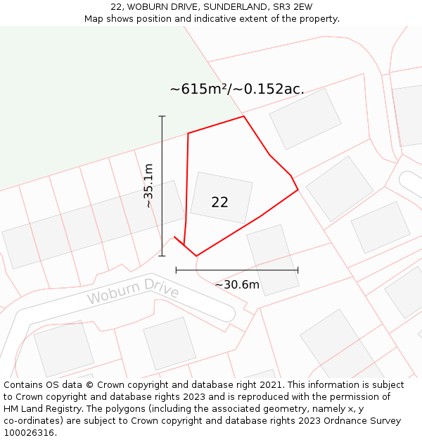 22, WOBURN DRIVE, SUNDERLAND, SR3 2EW: Plot and title map